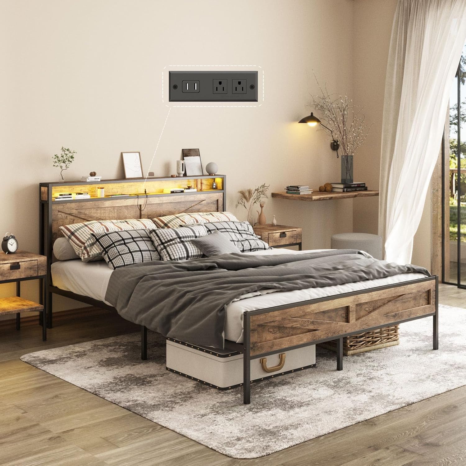 LED Queen Size Bed Frame with Charging Station, Pl...