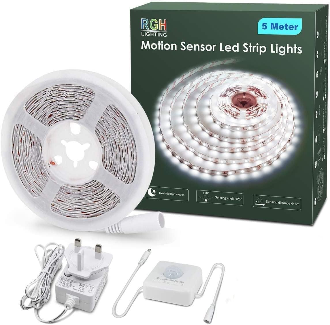 RGH LIGHTING Motion Sensor Led Strip Lights 5 Meters, 6000K White Led Light Stri...