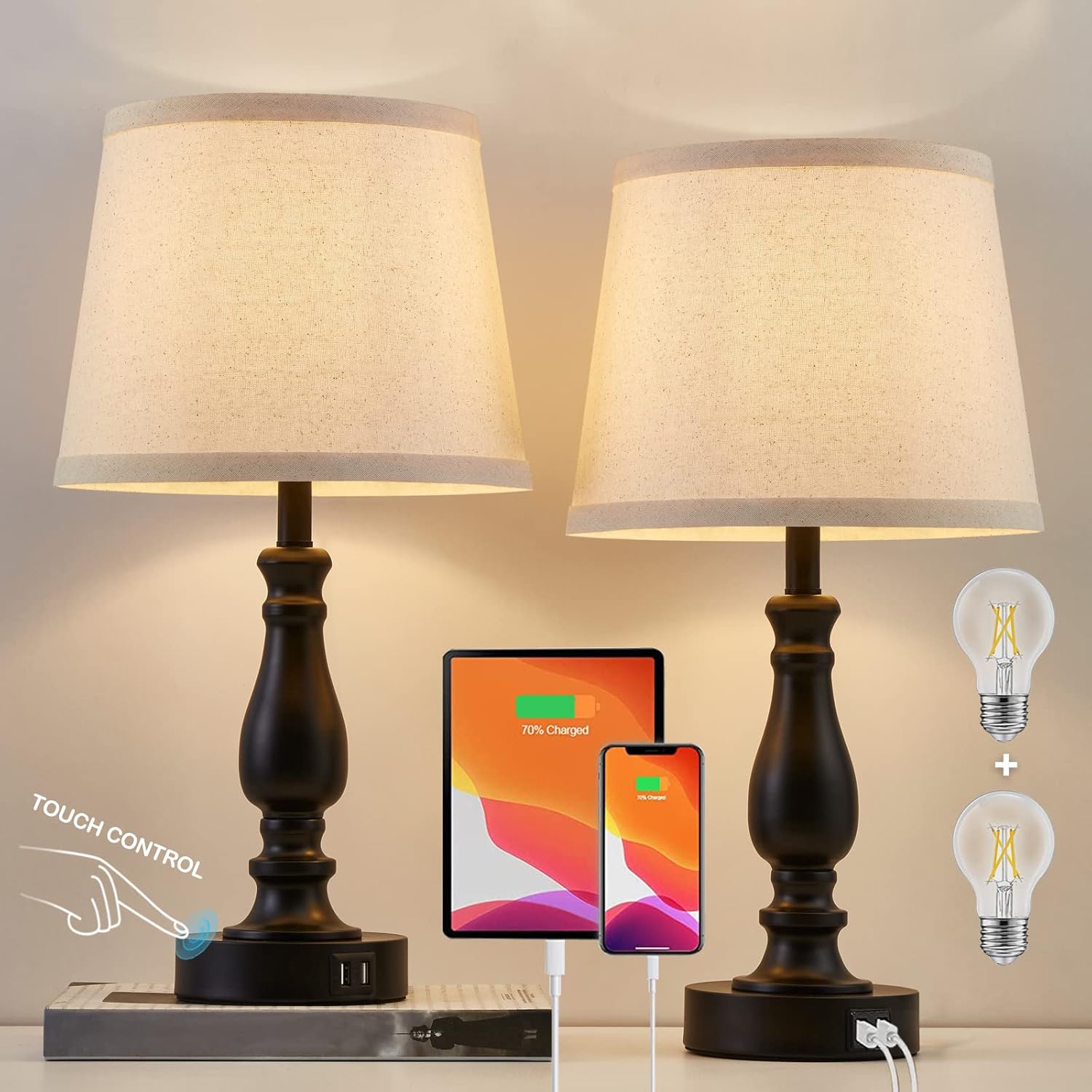 Lamps Set of 2, Special Touch Bedside Table Lamps with USB Ports, Innovative 3 W...