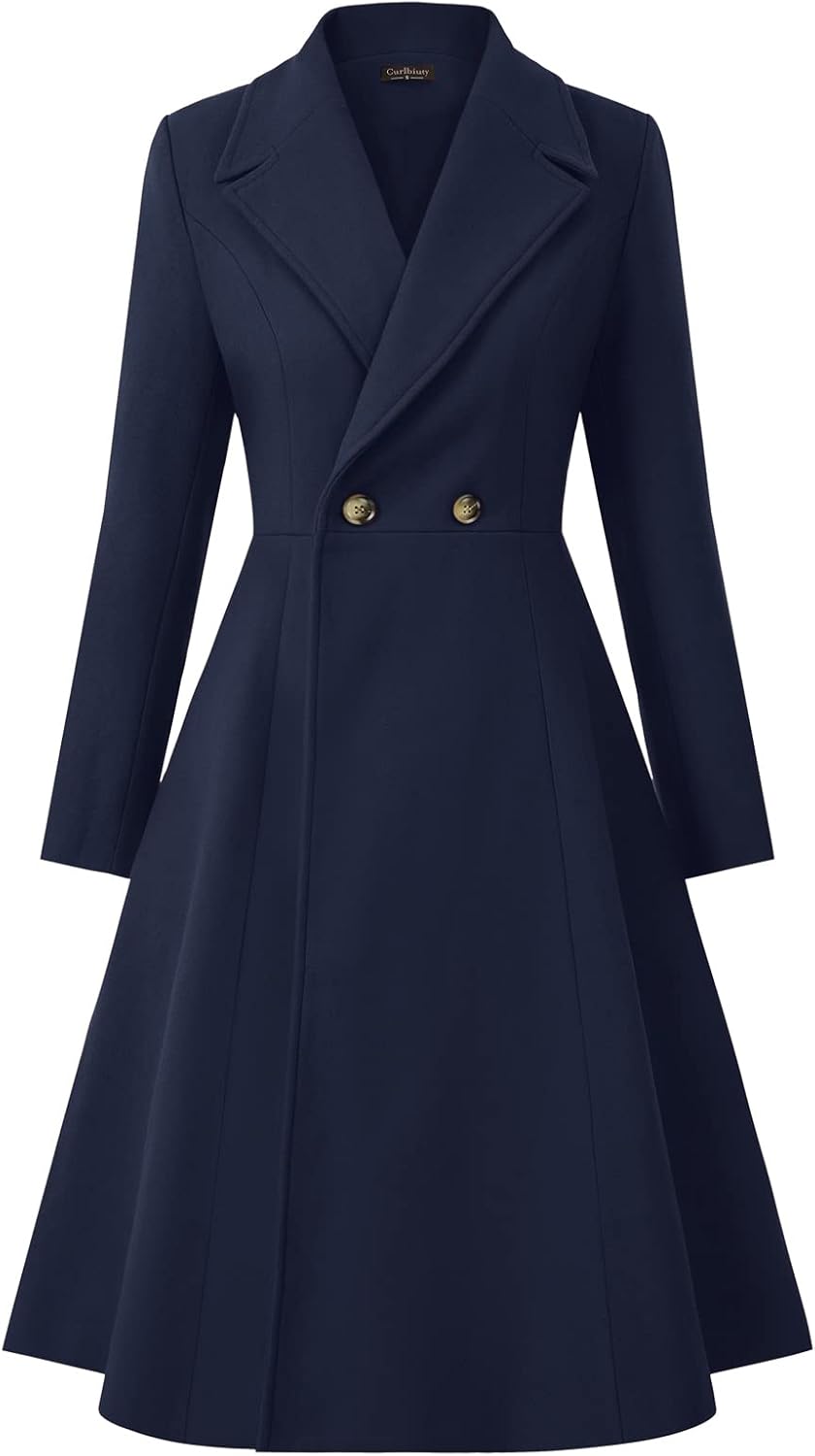 CURLBIUTY Women's Pea Coat Double Breasted A Line Long Trench Coat Winter Dress...