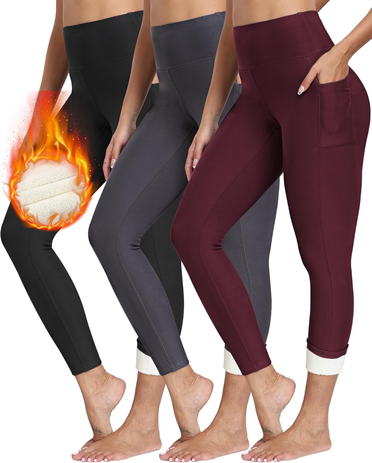 NORMOV Fleece Lined Leggings with Pockets for Women,High Waisted Winter Thermal...