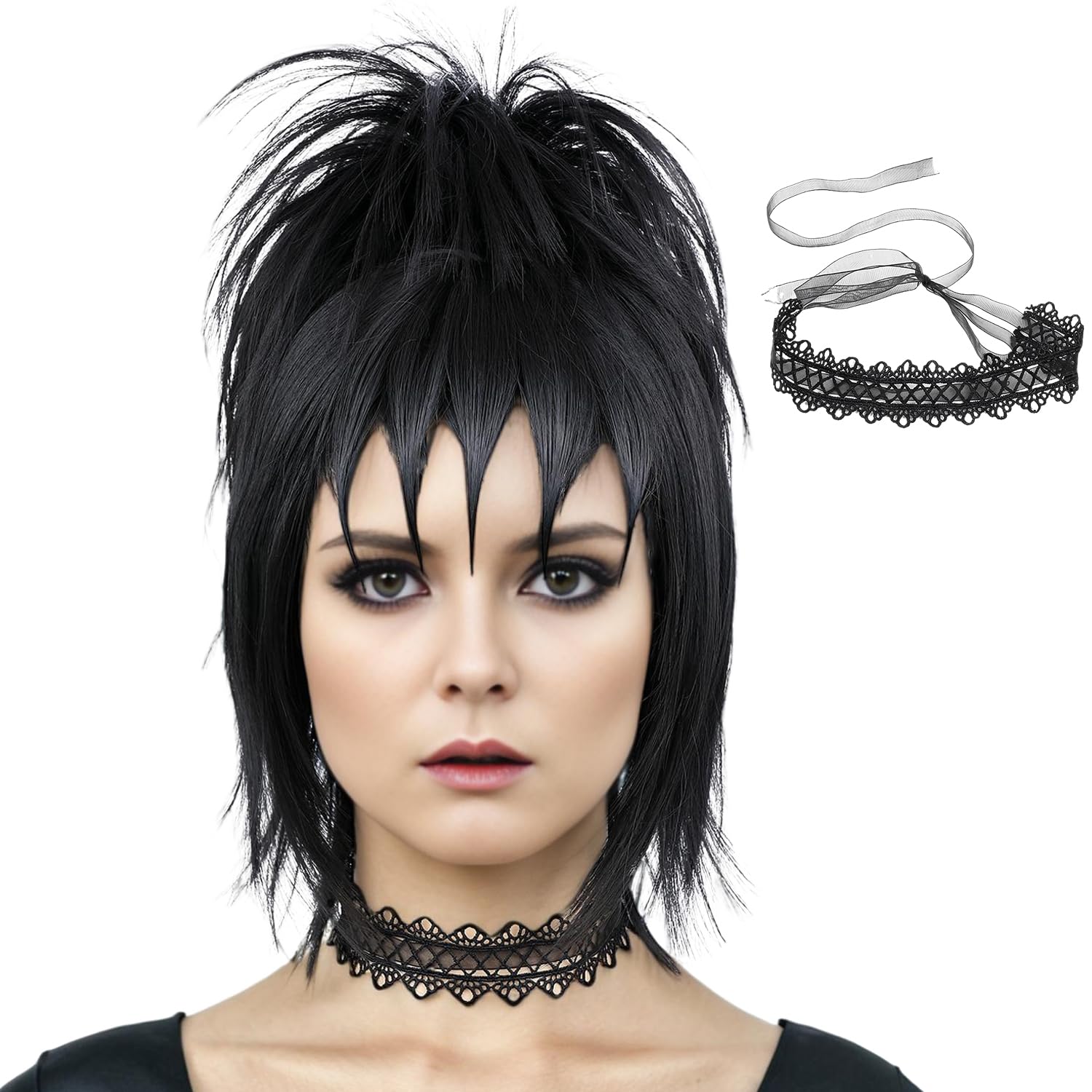 morvally Black Wig with Bun and Choker for Women Black Wig with Bangs for Witch...