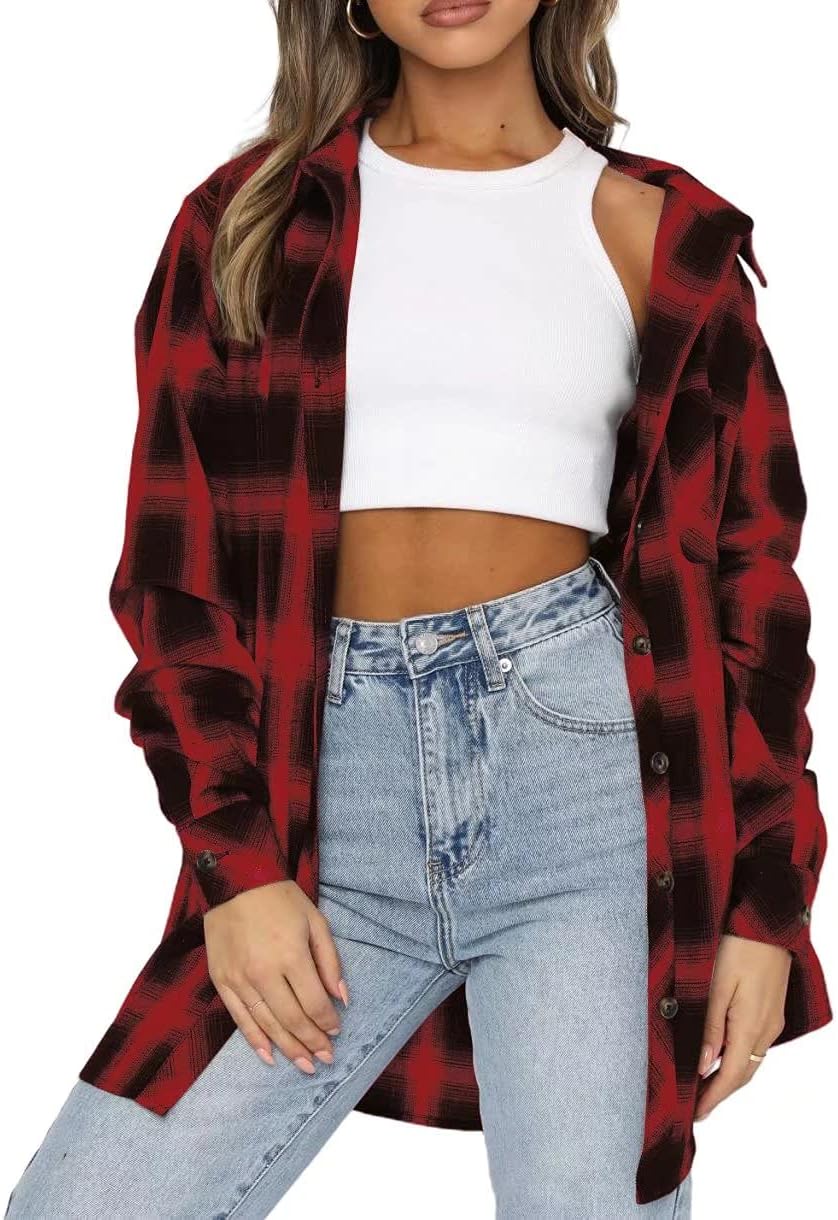Lacozy Womens Buffalo Plaid Flannel Shirt Long Sleeve Collar Button Down Blouses...