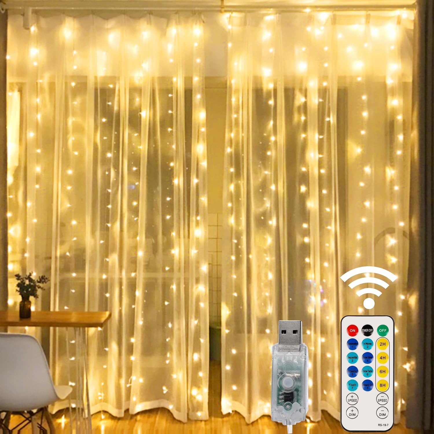 HOME LIGHTING Window Curtain String Lights, 300 LED 8 Lighting Modes Fairy Coppe...