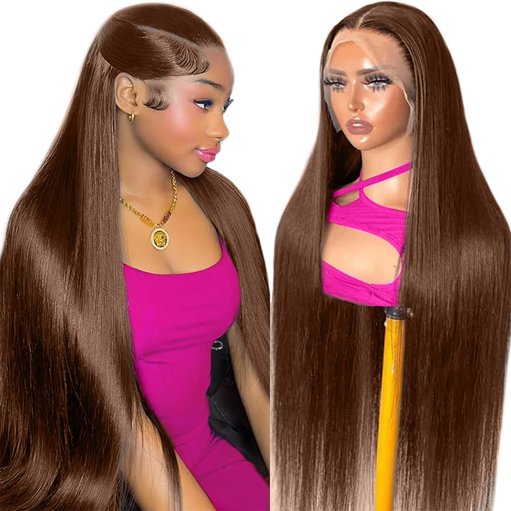 30 Inch Straight Wigs, Special Human Hair Chocolate Brown Lace Front Wig, Innova...