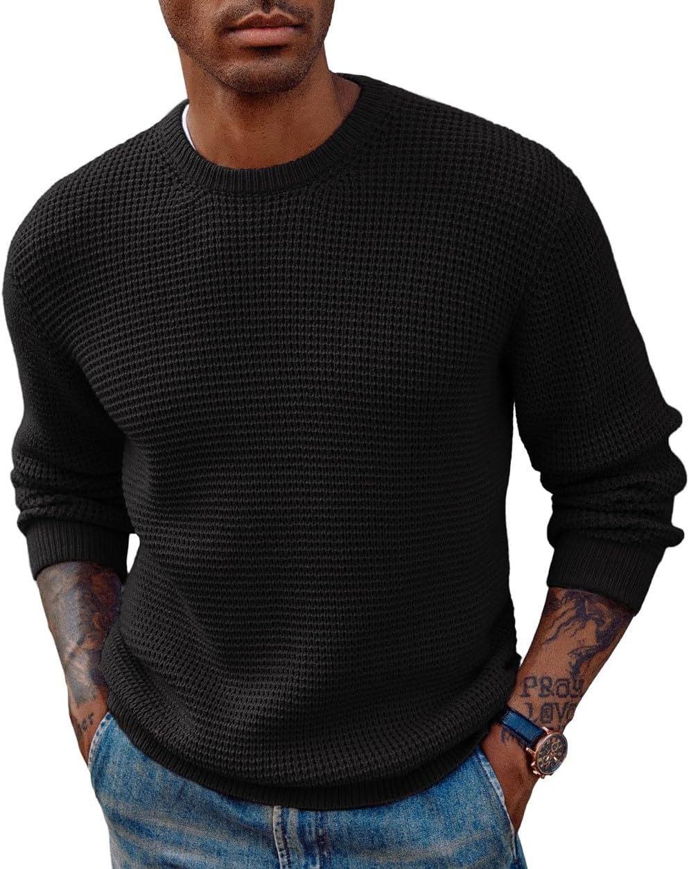 PJ PAUL JONES Mens Sweater, Special Crewneck Pullover Sweater With Waffle Textur...