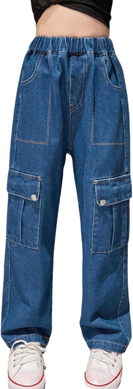 Rolanko Girls Jeans Bootcut Ripped Elasticated Waist Retro Style Denim Pants for...