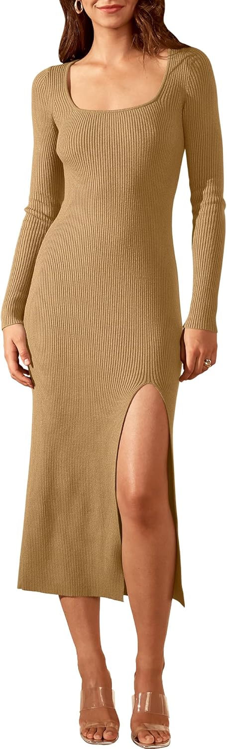 ANRABESS Women's Long Sleeve Sweater Dress Square Neck Side Slit Bodycon Ribbed...