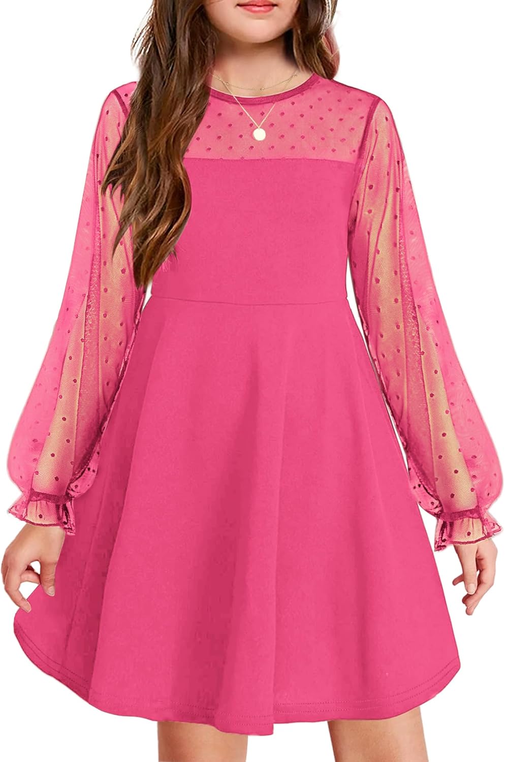 Arshiner Girl's Dress, Special Contrast Mesh Puff Long Sleeve A-Line Dress with...