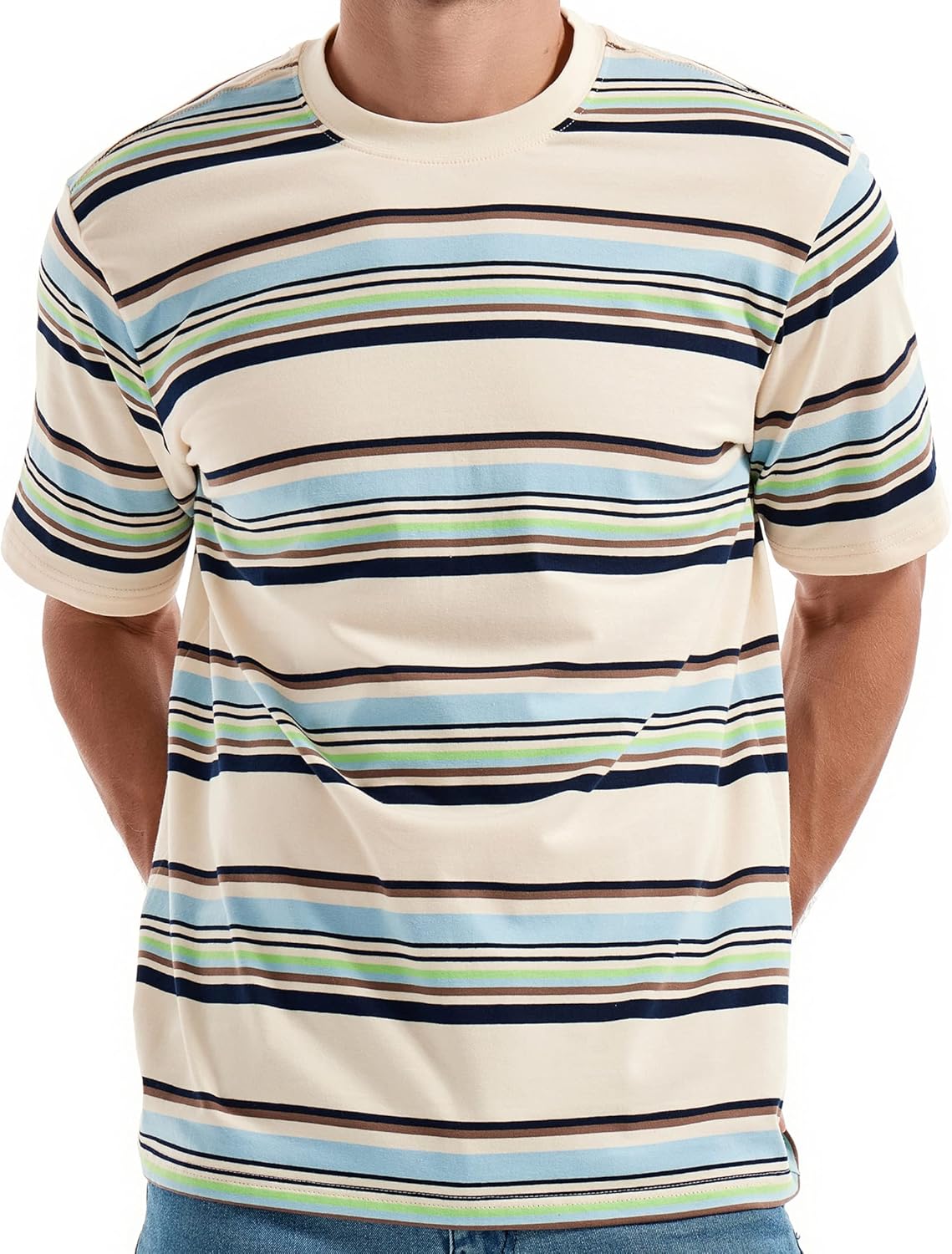 KLIEGOU Men's Fashion Loose Fit Crewneck Stripe T-Shirt X-Large 6108 Beige