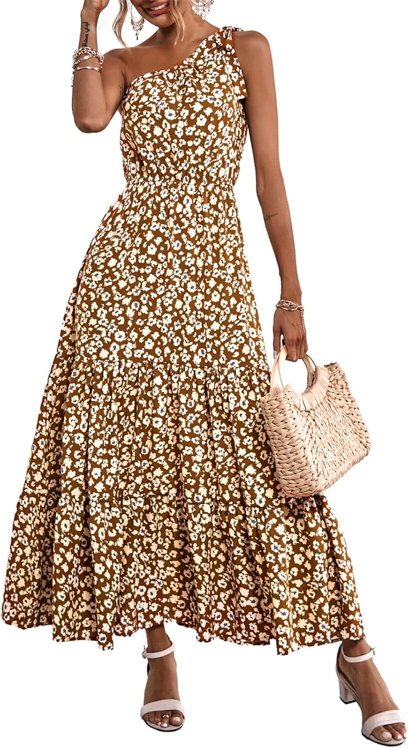 PRETTYGARDEN Women's Floral Maxi Dress, Special Knot One Shoulder Sleeveless Dre...