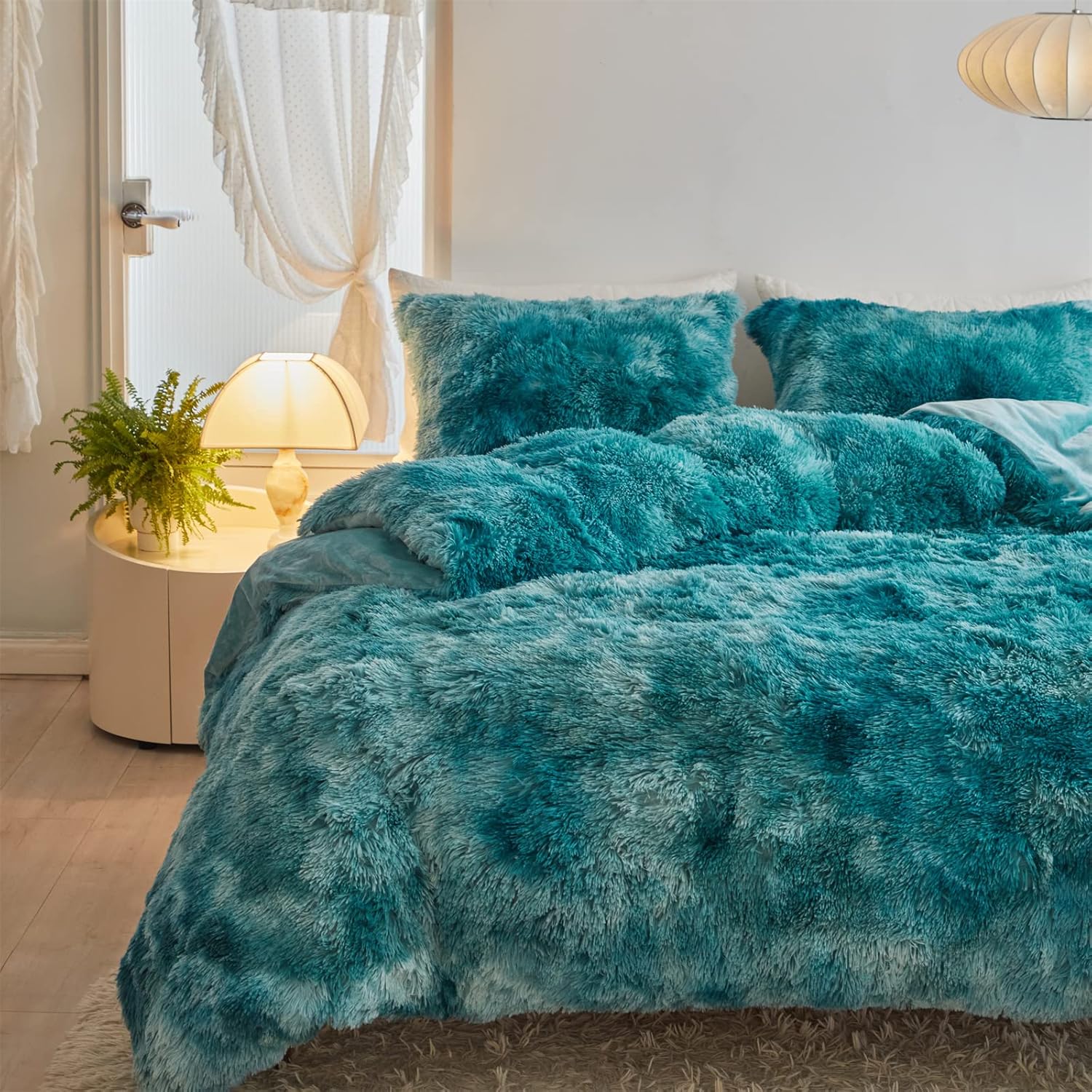Wajade Faux Fur Plush Tie Dye Teal Comforter Set Fluffy Fuzzy Shaggy Bedding Set...