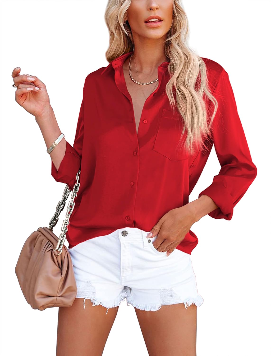 OMSJ Women's Button Down Shirts Satin V Neck Long Sleeve Casual Work Blouse Tops...