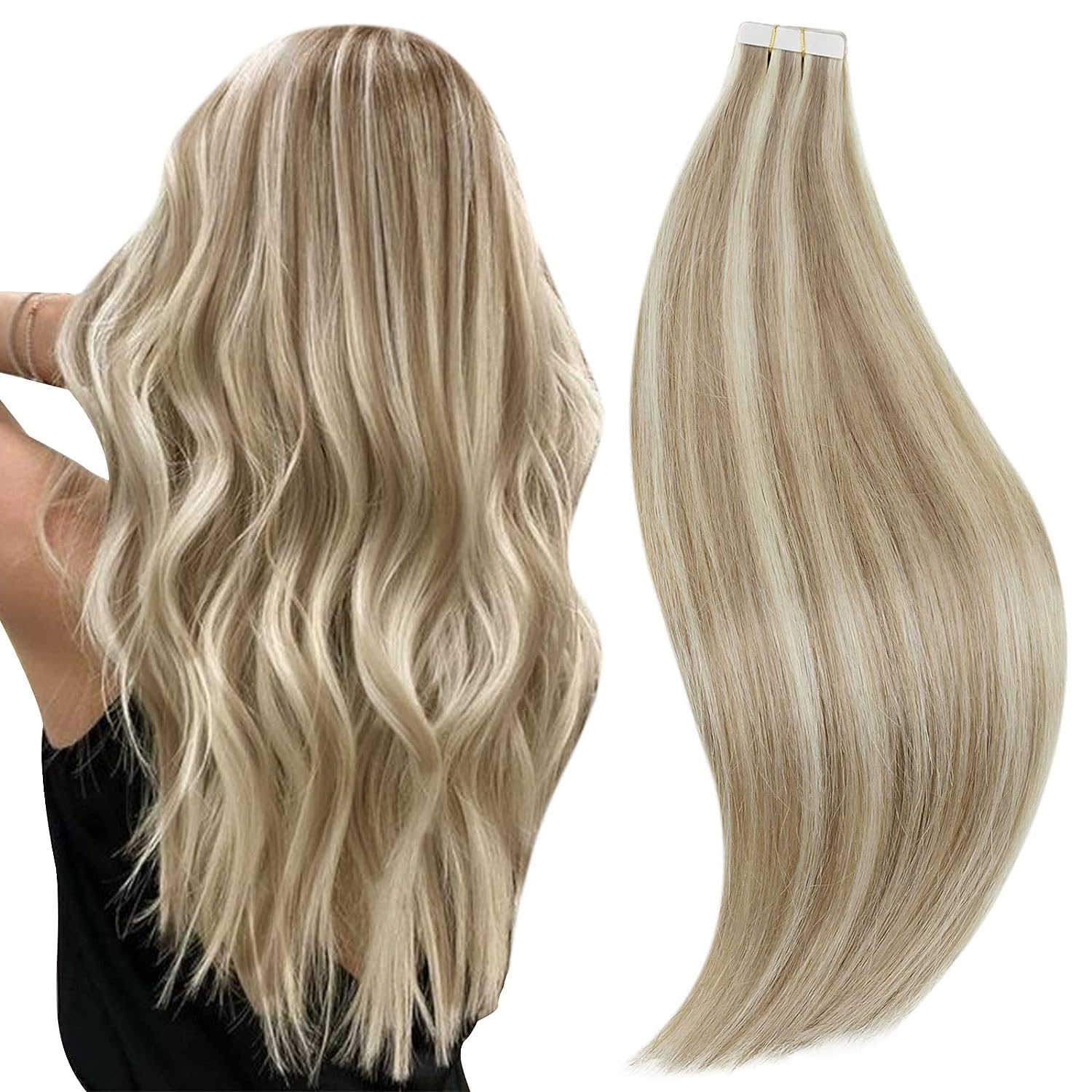 RUNATURE Blonde Tape in Hair Extensions Human Hair 18 Inch Long Tape in Human Ha...