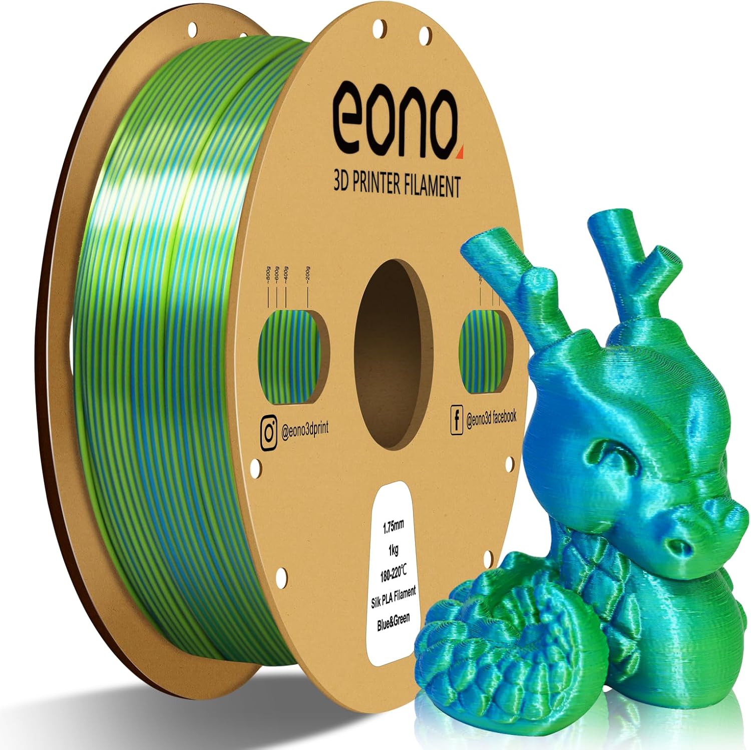 Eono Silk Dual Color Filament PLA 3D Printer 1.75mm, -0.03mm, Coextrusion Filame...