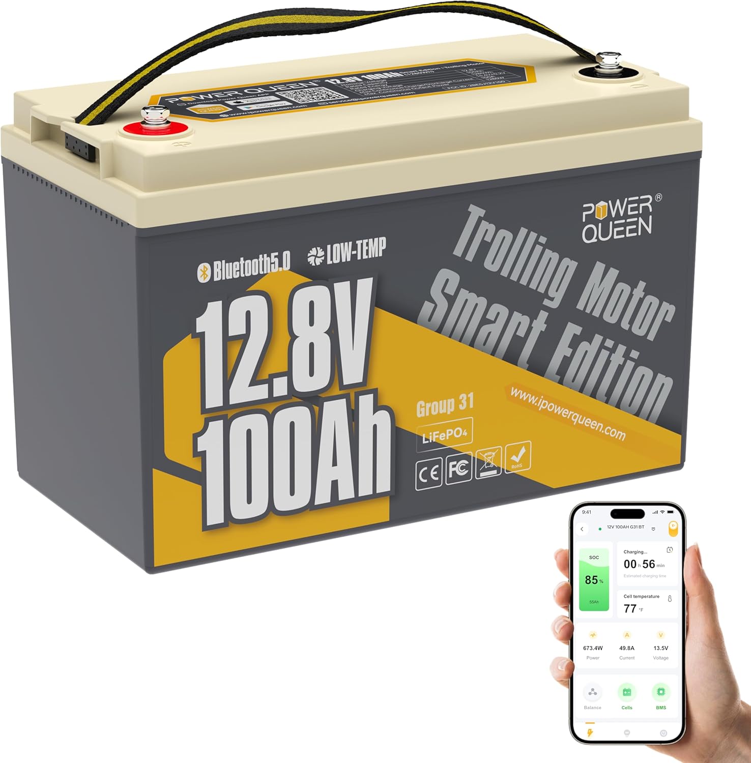 Power Queen 12V 100Ah Group 31 LiFePO4 Battery Bluetooth 5.0, Deep Cycle LiFePO4...
