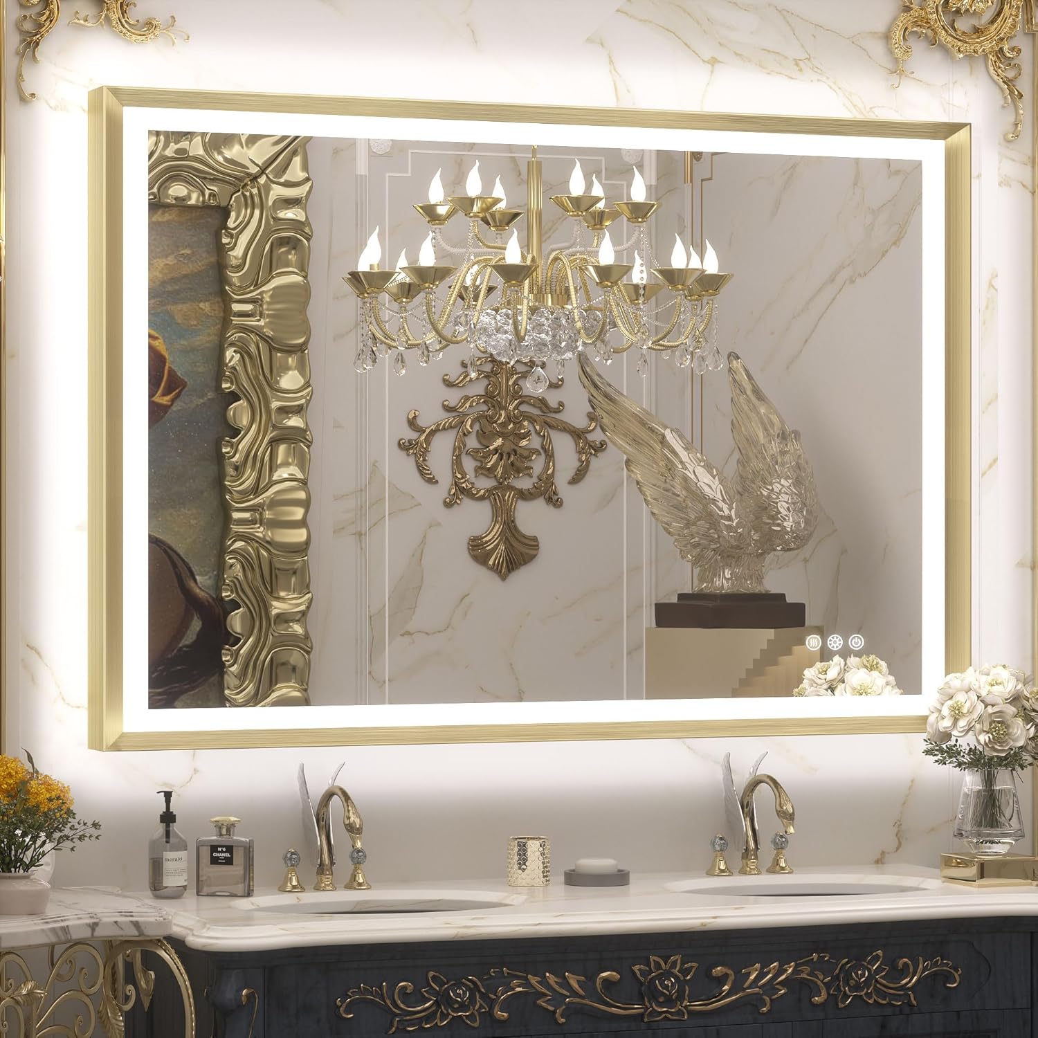 TETOTE Gold LED Bathroom Mirror with Lights 40x32 Front & Back Light Vanity Fram...