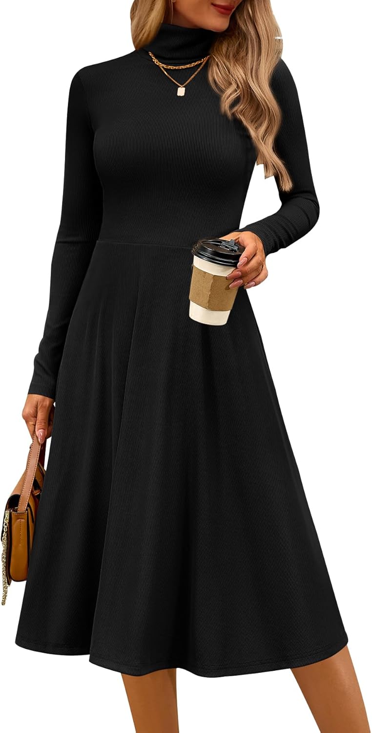 CFLONGE Women's Casual Ribbed Knit High Neck Dress Long Sleeve Fall Dress for Wo...