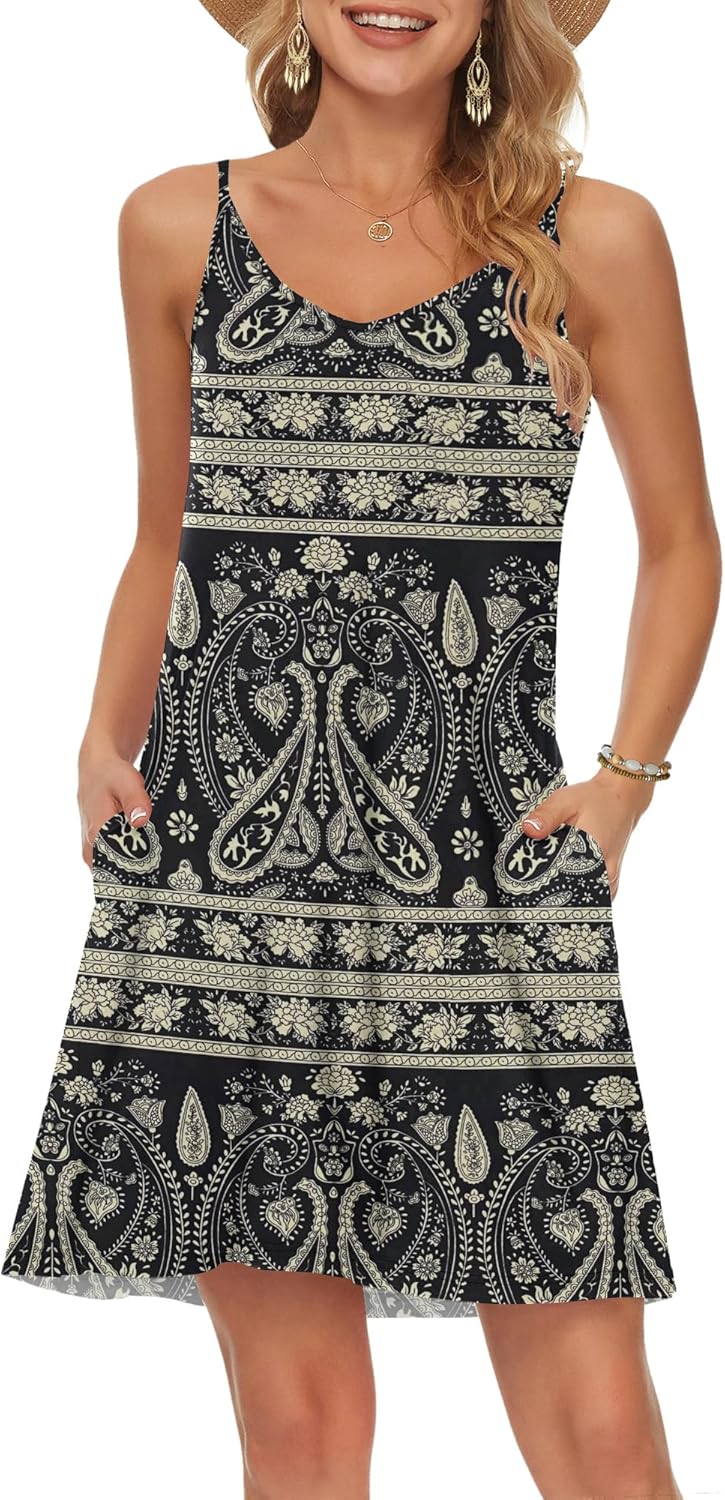 MISFAY Women's Summer Spaghetti Strap Casual Swing Tank Beach Cover Up Dress wit...