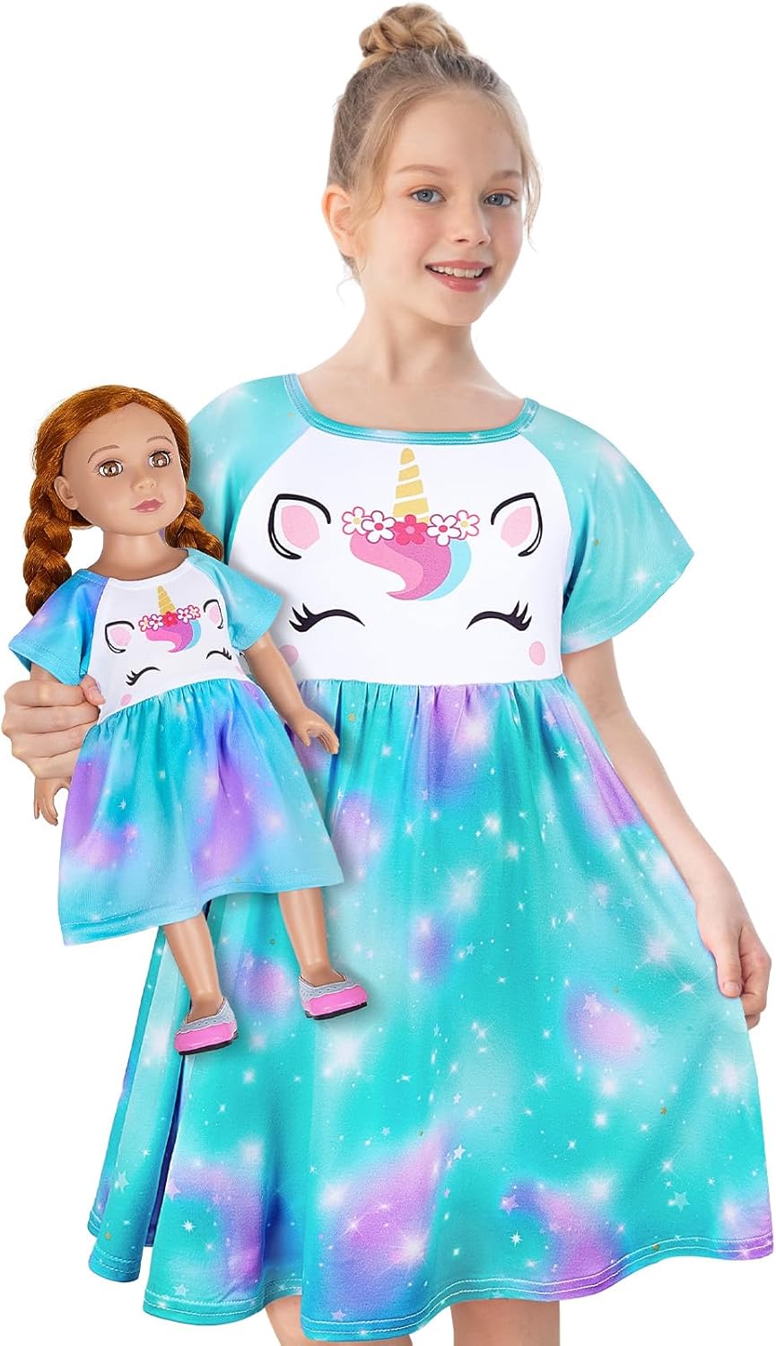 Play Tailor Doll and Girl Matching Nightgown Unicorn Outfit Pajamas Night Dress...