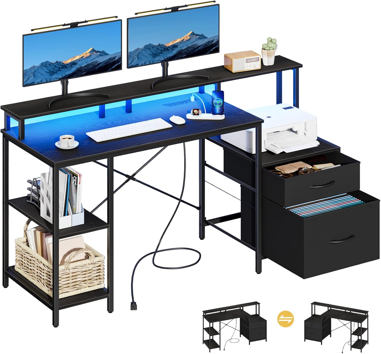Yoobure Computer Desk, Gaming Desk with LED Lights & Outlets, 59" Office Desk wi...