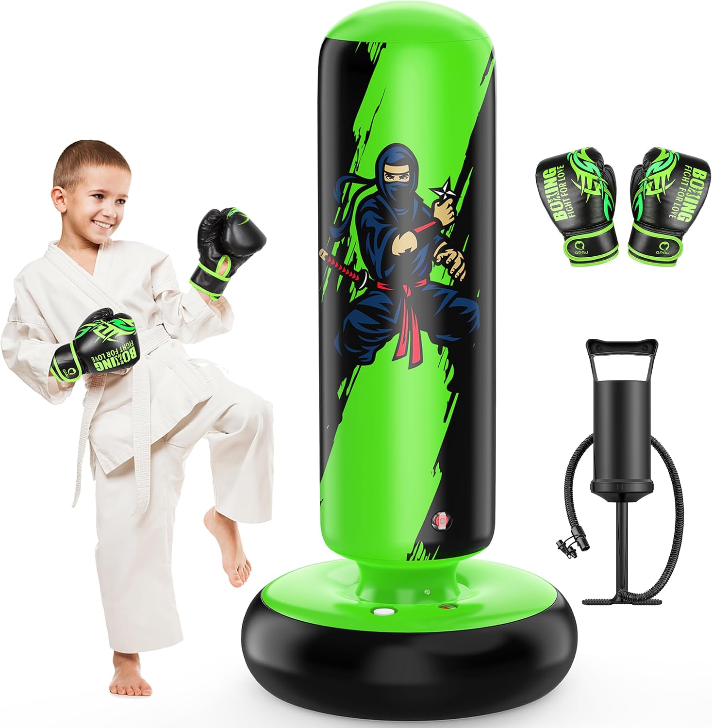 QPAU Punching Bag for Kids, 66 Inch Stable Inflatable Boxing Bag with Boxing Glo...