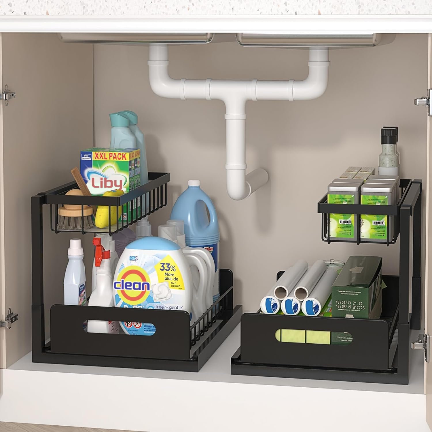 Under Sink Organizers, Special 2 Pack Metal Pull Out Shelves with Sliding Drawer...