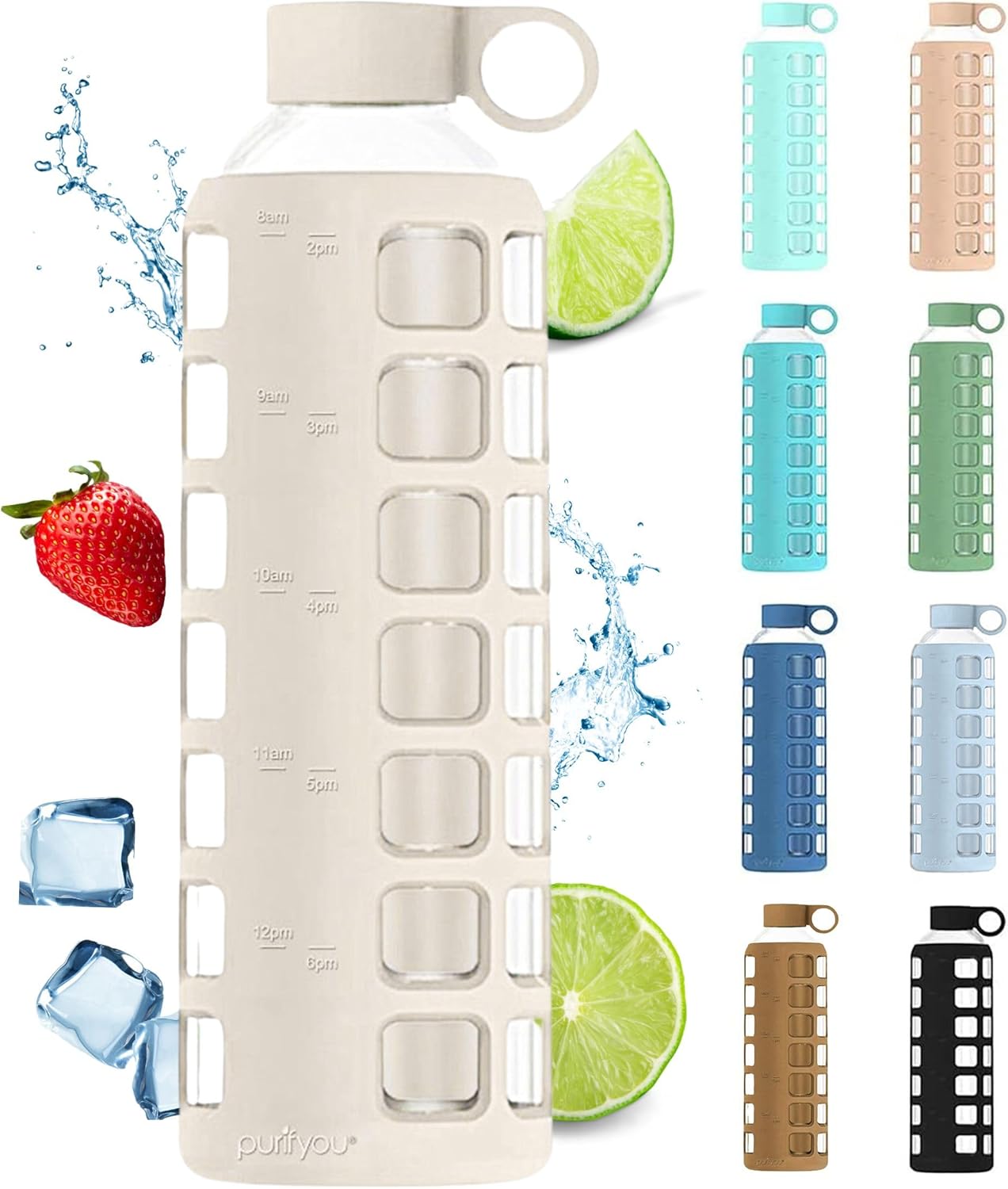 purifyou 40/32/22/12 oz Borosilicate Glass Water Bottles with Volume & Times to...