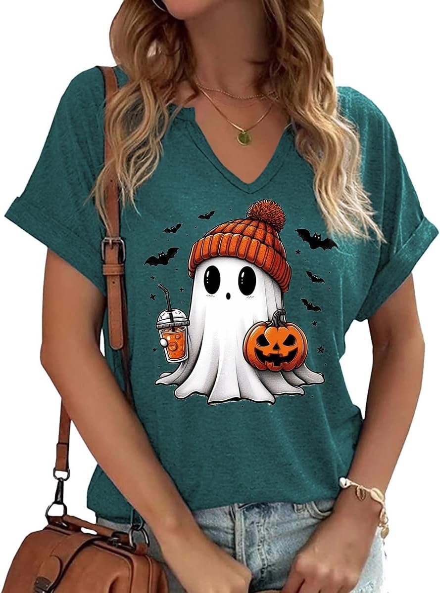 Women Fall Halloween Doodles V Neck Shirt Funny Family Party Celebration Short S...