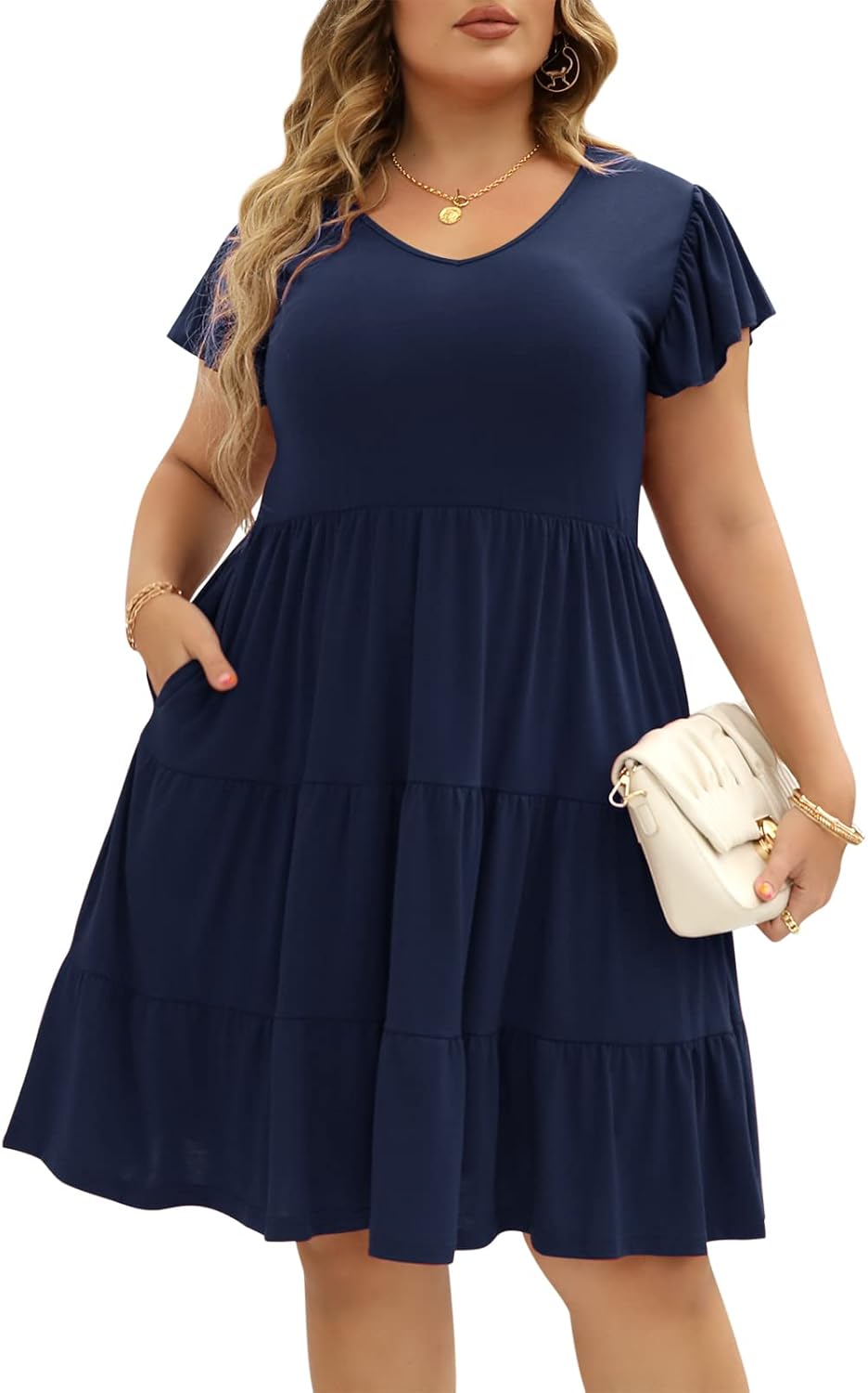 Celkuser Womens Plus Size Casual Summer Curvy Dresses Short Sleeves Tiered A Lin...