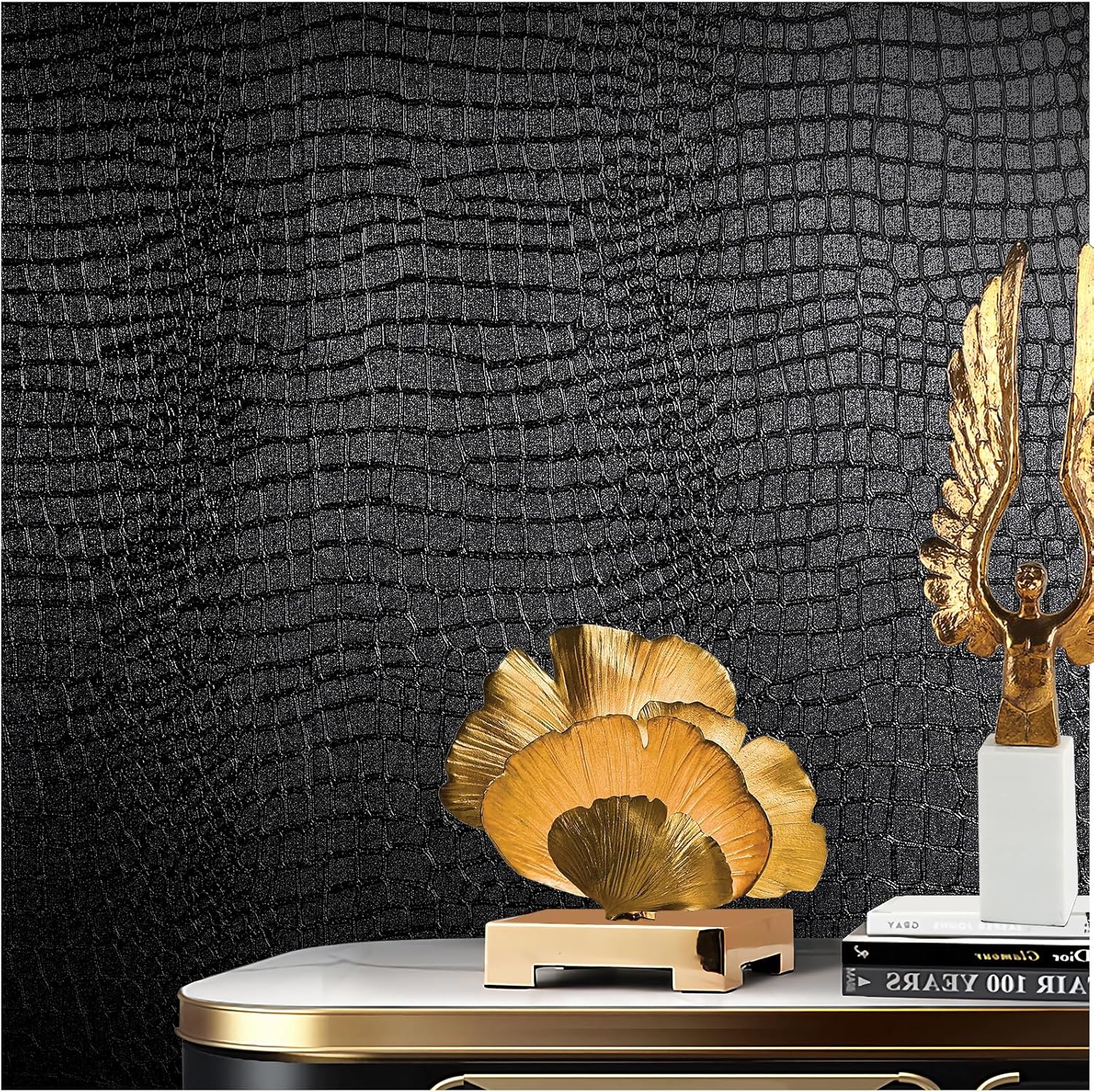 Black Peel and Stick Wallpaper, 15.7" X 395" Crocodile Wallpaper Embossed Easy P...