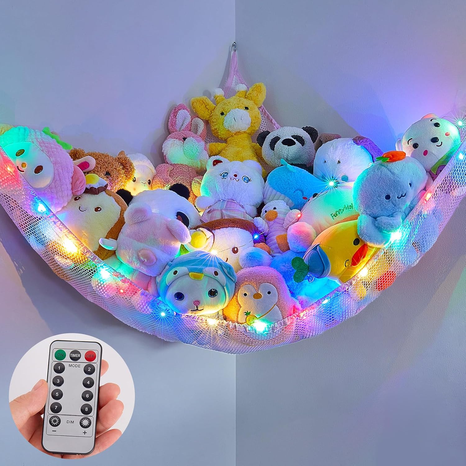 MHJY Toy Hammock Stuffed Animals Toy Storage Net with LED Light Large Corner Han...