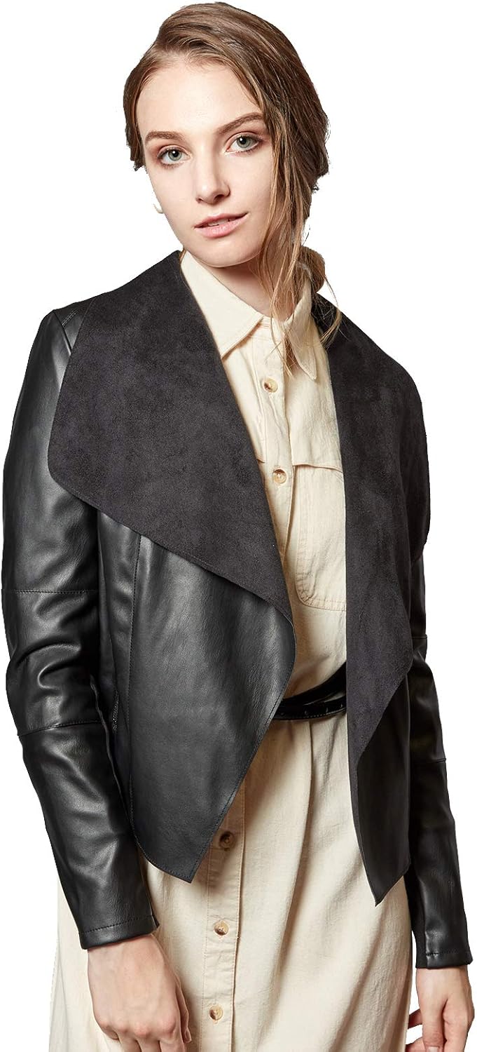 Escalier Women's Faux Leather Jacket, Special Slim Open Front Lapel Blazer, Uniq...