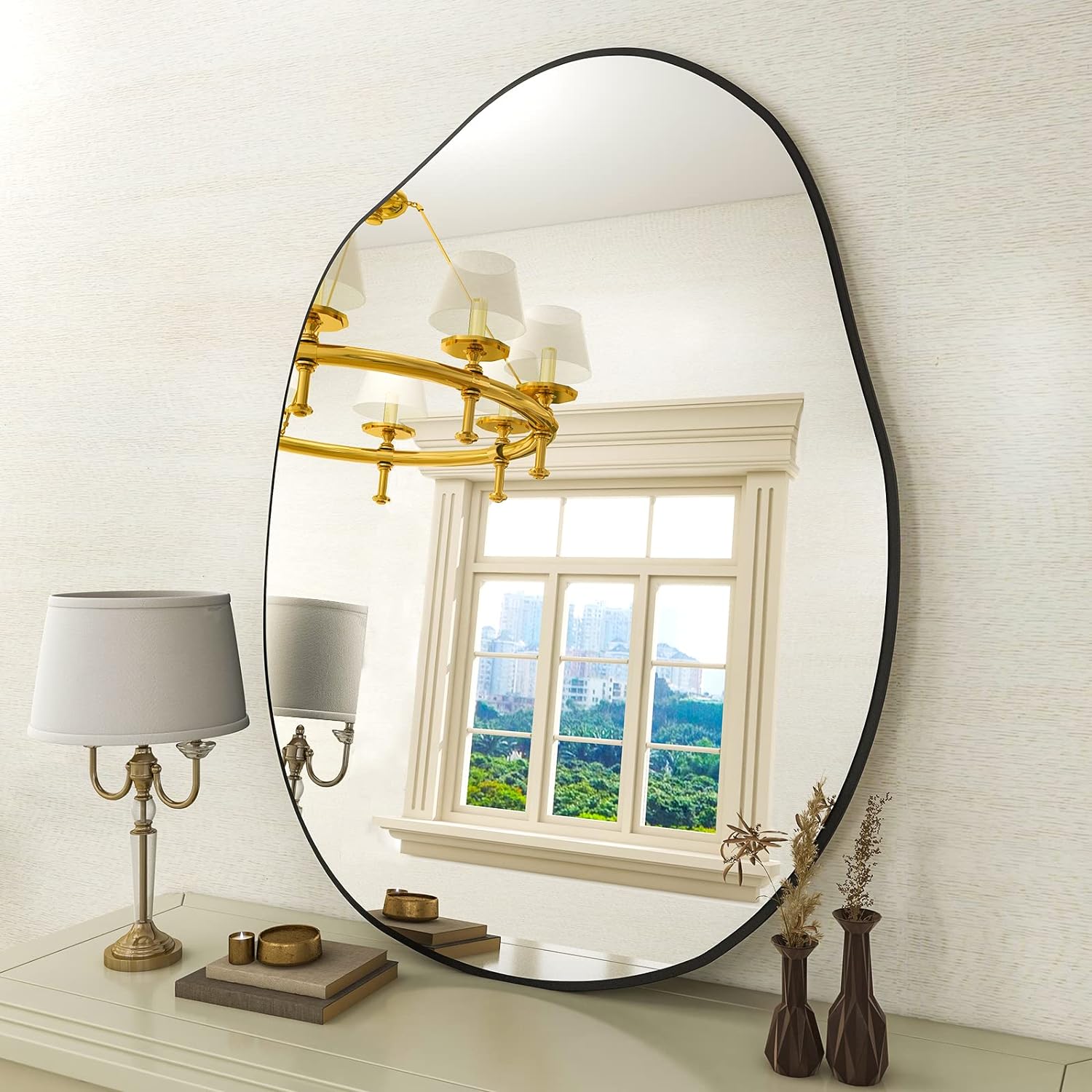 HARRITPURE Irregular Wall Mirror 26"x40" Black Asymmetrical Bathroom Mirror Wood...