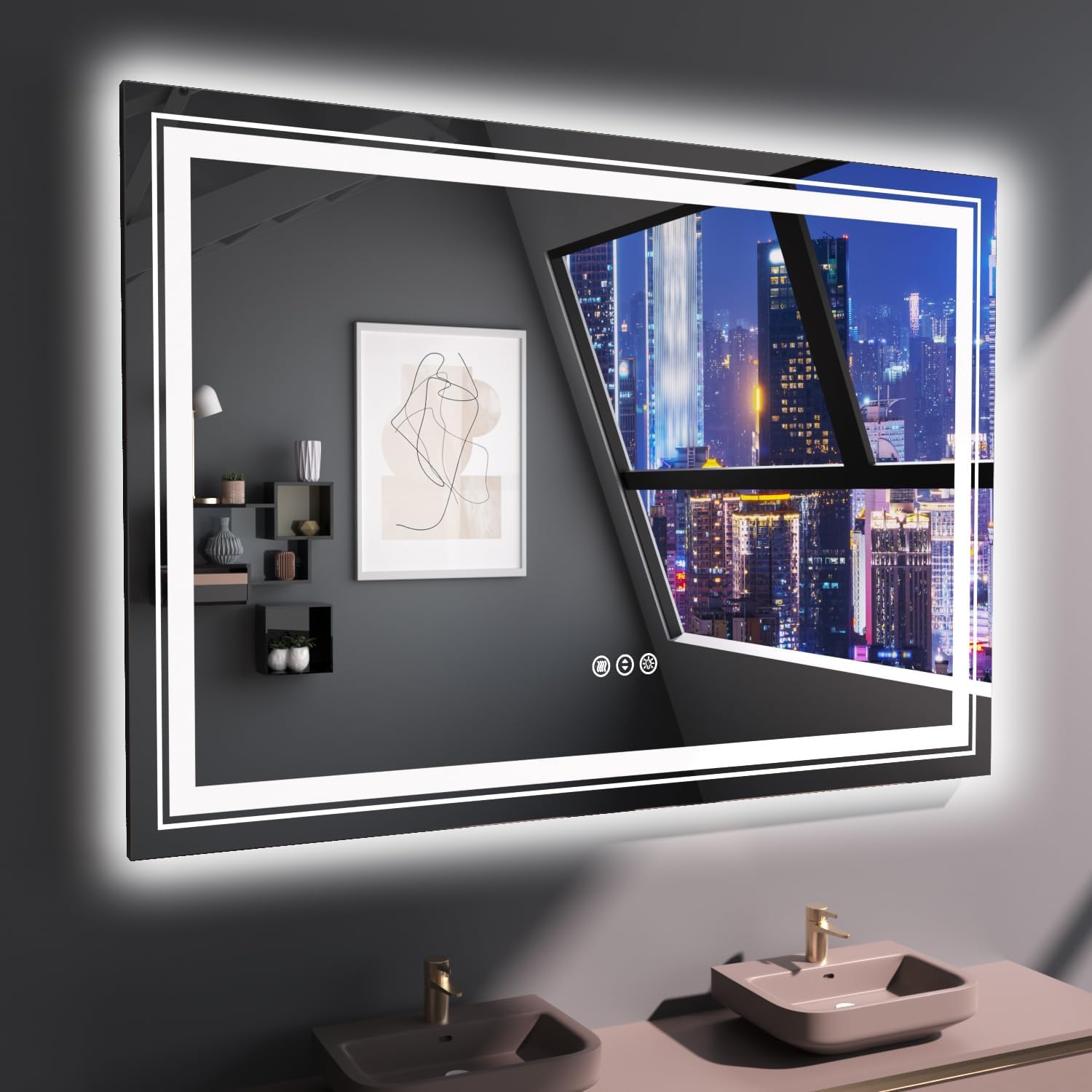 LED Bathroom Mirror, 48"X40" with Front and Backlit, Anti-Fog, Large Bathroom Va...