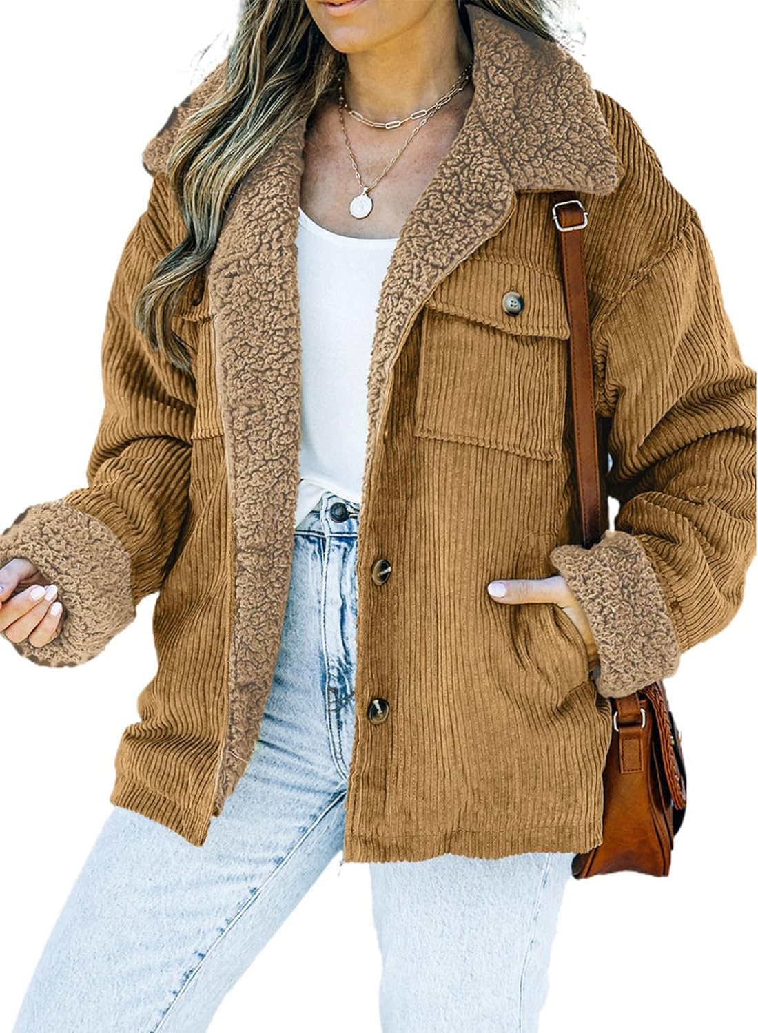 Dokotoo Corduroy Sherpa Jacket for Women Button Down Fleece Fur Collar Winter Wa...