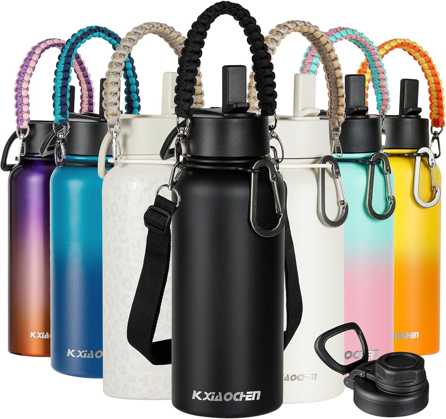 KXIAOCHEN 32 oz Insulated Water Bottle with Paracord Handles & Strap, 2 Lids(Str...