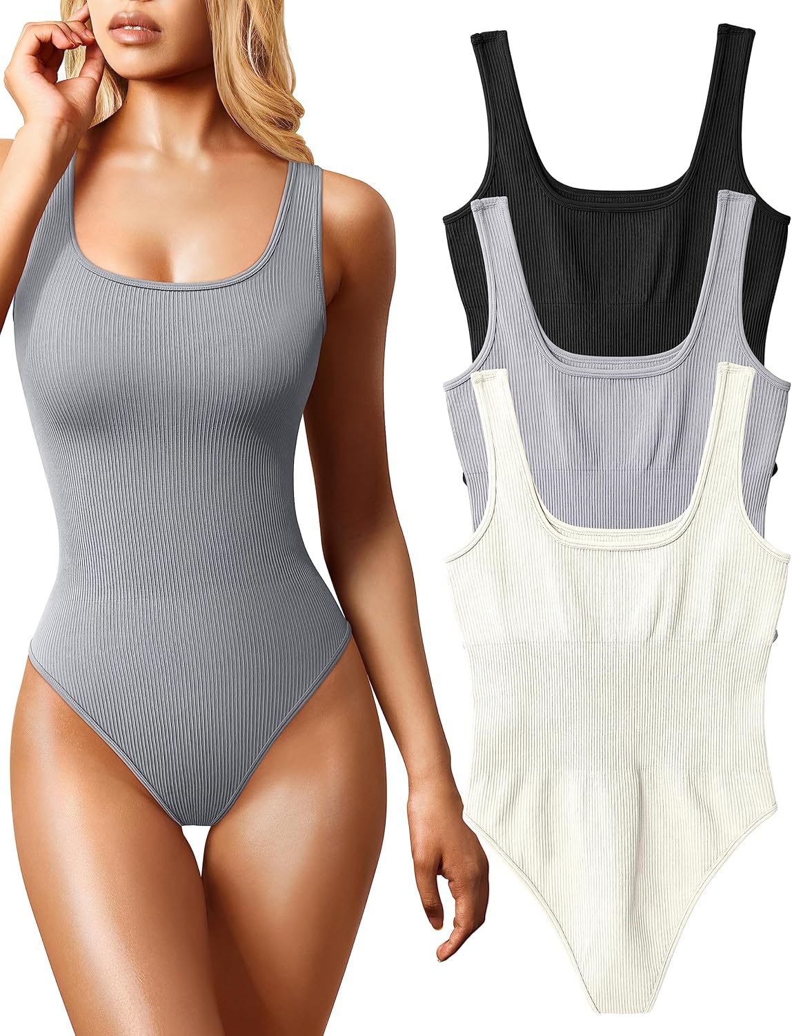 OQQ Women's Bodysuits, Special 3 Piece Sexy Ribbed Bodysuits, High-Quality Sleev...