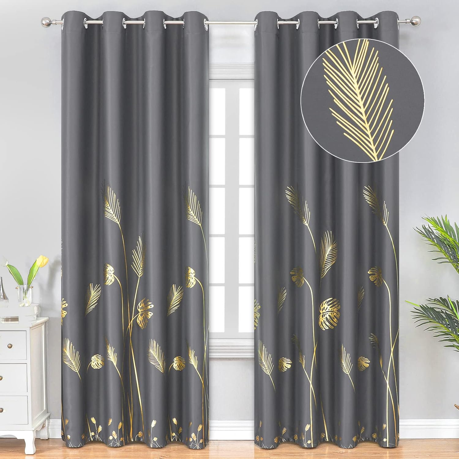 Estelar Textiler Dark Grey Blackout Curtains & Drapes 84 Inch Length 2 Panels Se...
