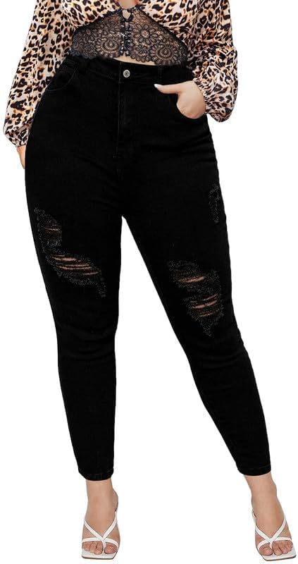 ALLABREVE Women Plus Size Ripped Stretch Skinny Jeans, High Rise Distressed Deni...