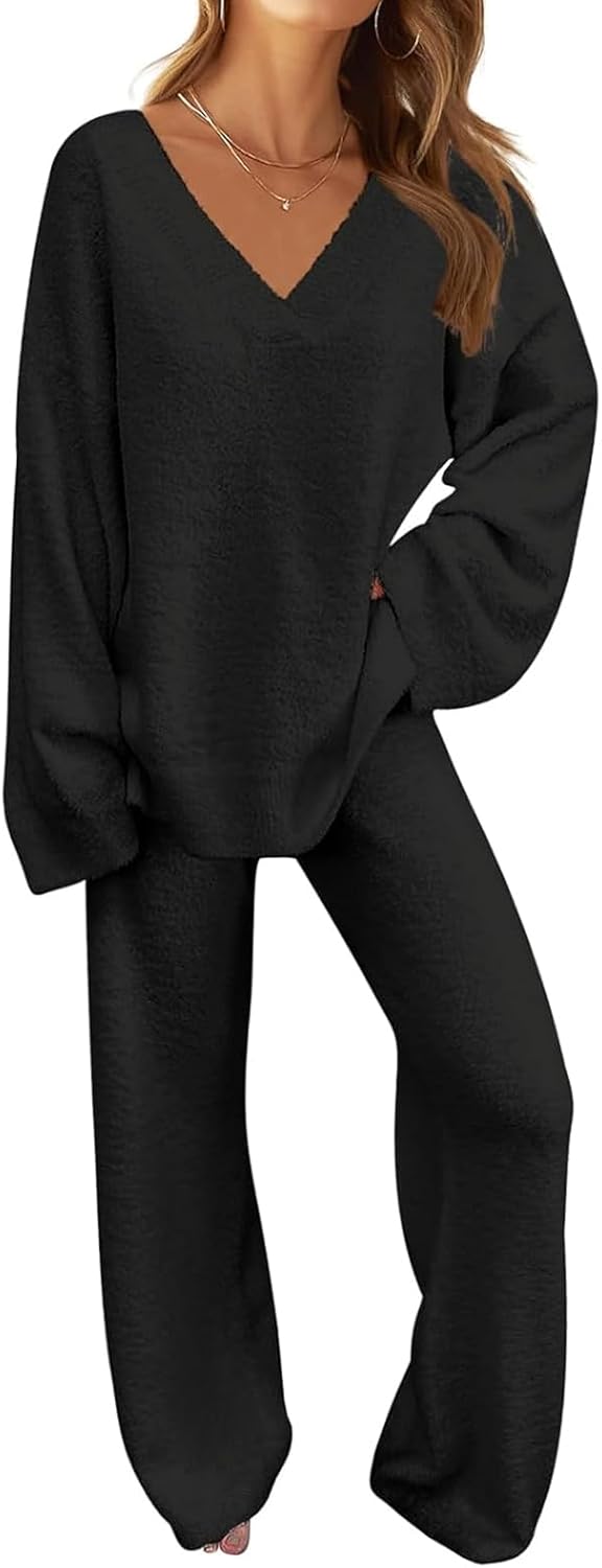 TECREW Women's Fuzzy Fleece Lounge Sets 2 Piece Outfits Long Sleeve Top Wide Leg...
