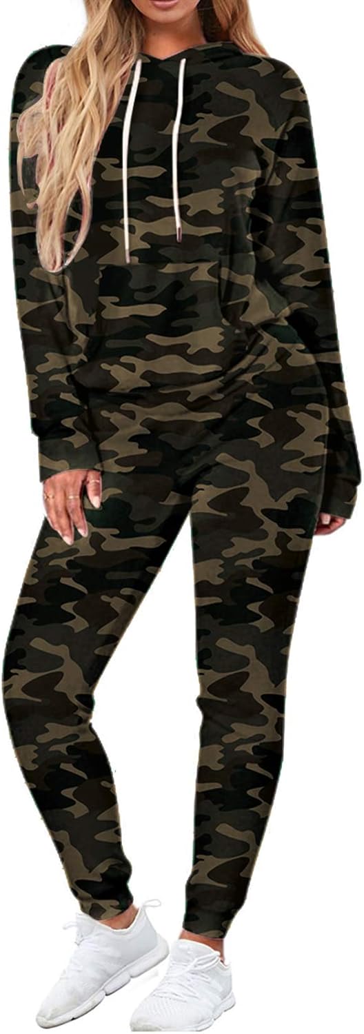 Fixmatti Women Pullover Hoodie Pockets Sweatpants Sport Jogger Sweatsuit Camo Sm...