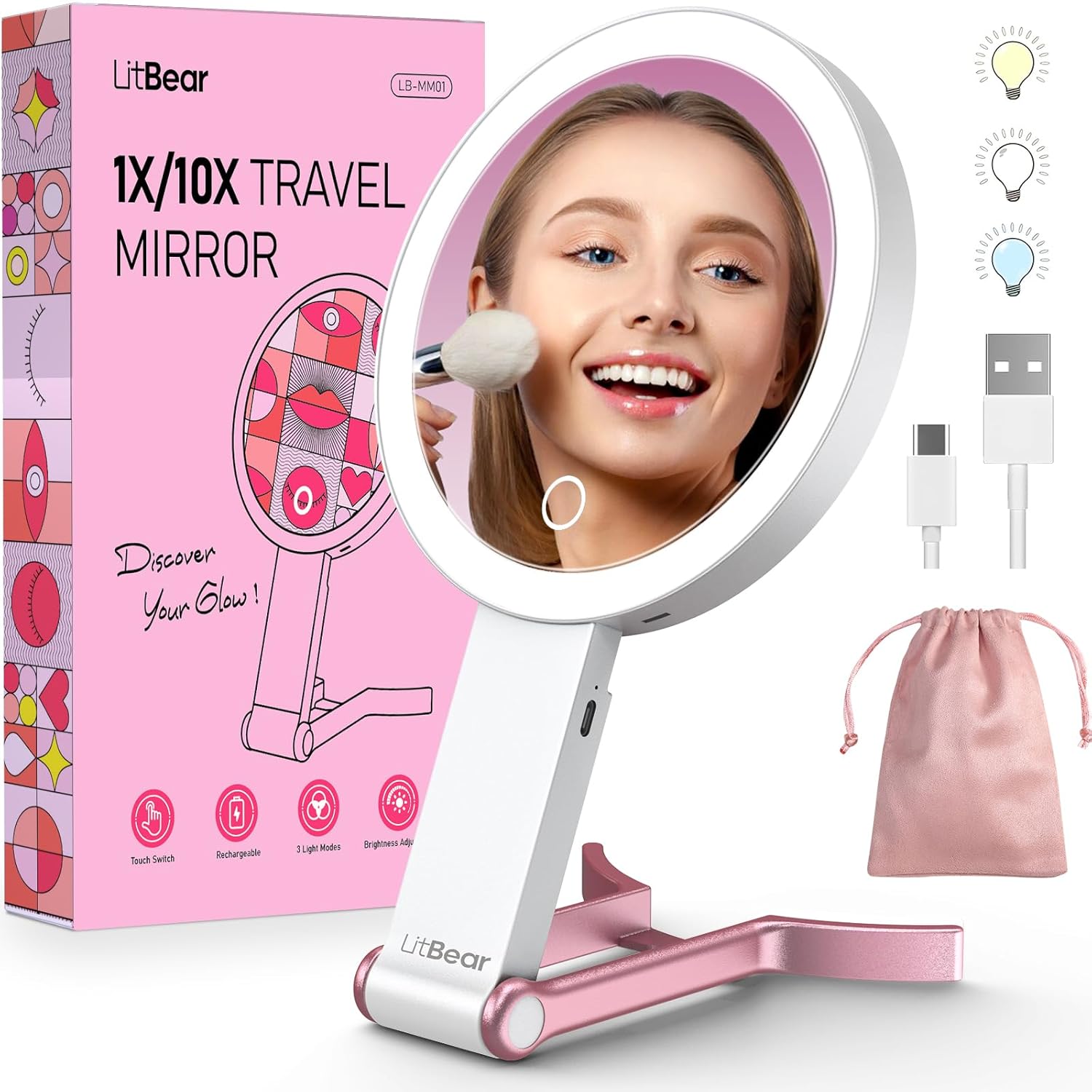 LitBear Travel Makeup Mirror with Lights, Rechargeable Double Sided 10X /1X Magn...