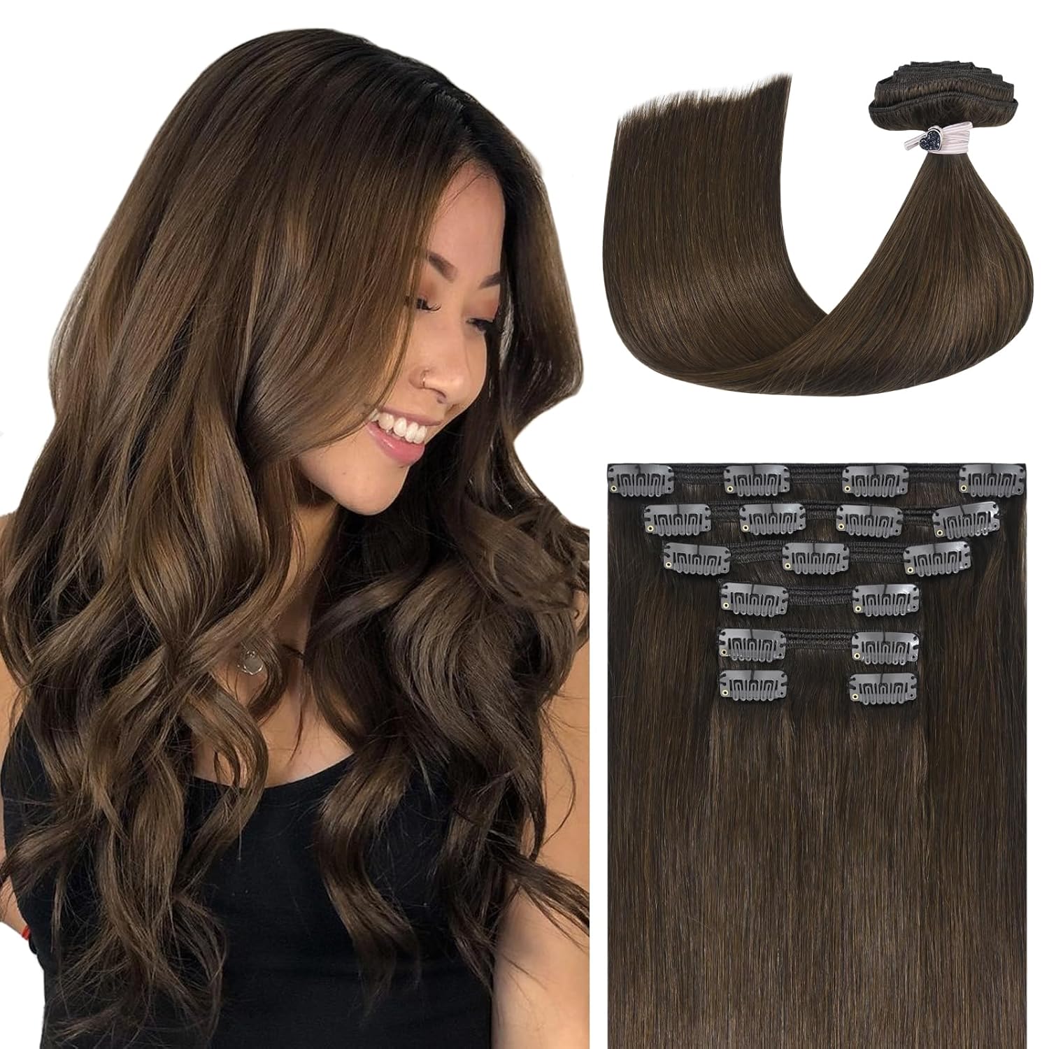 Ukira Hair Extensions Real Human Hair Clip ins, Medium Brown Hair Extensions Cli...