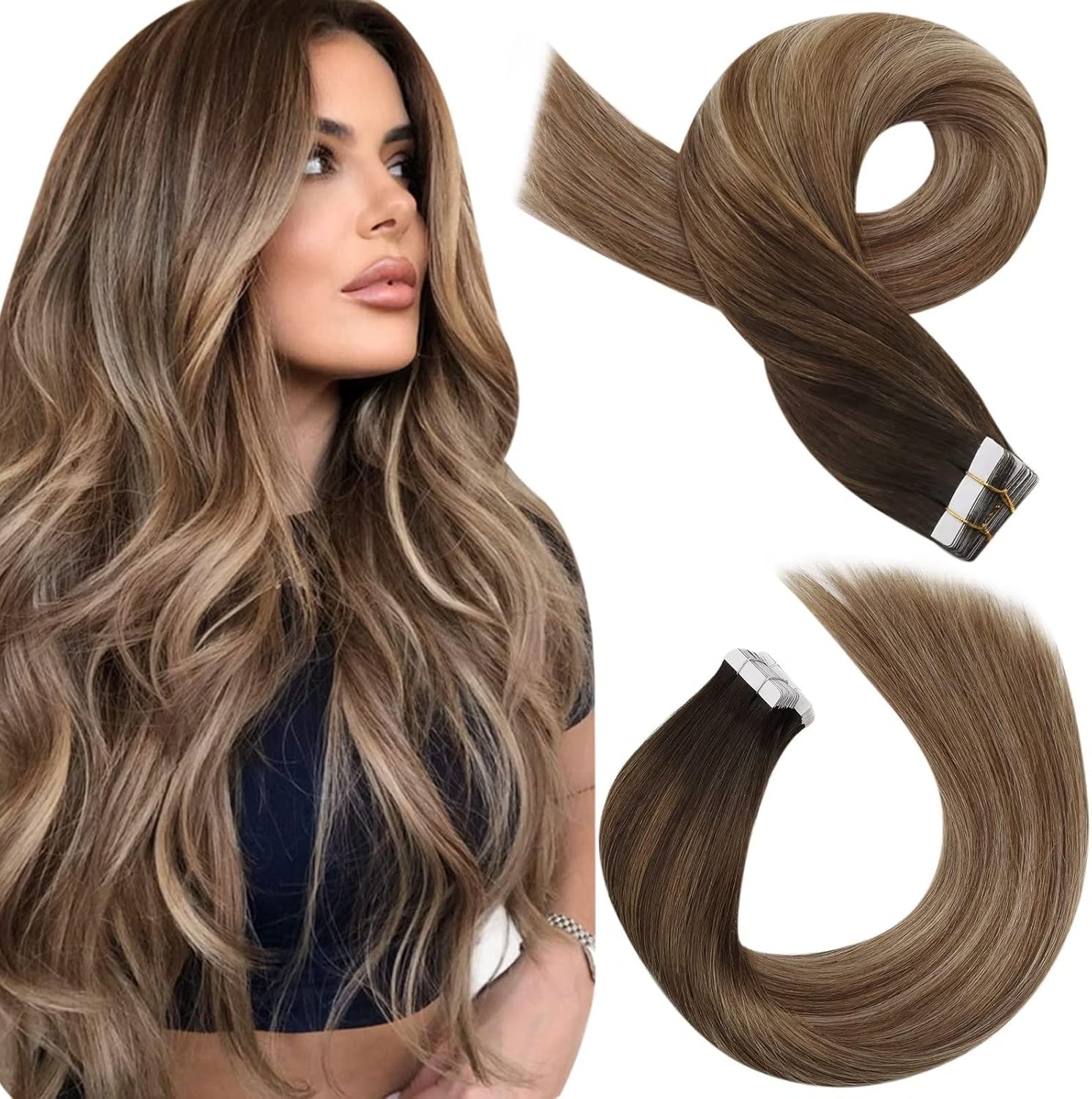Moresoo Tape in Hair Extensions Human Hair Balayage Hair Extensions Tape in Ombr...