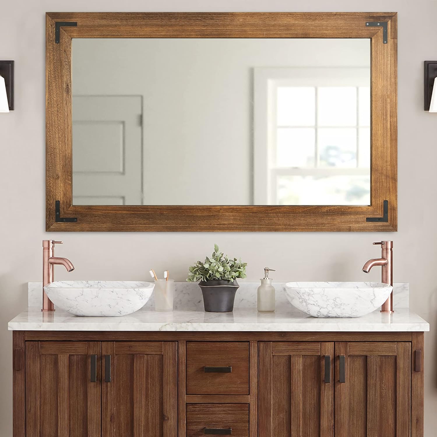 YOSHOOT Rustic Wooden Framed Wall Mirror, Natural Wood Bathroom Vanity Mirror fo...