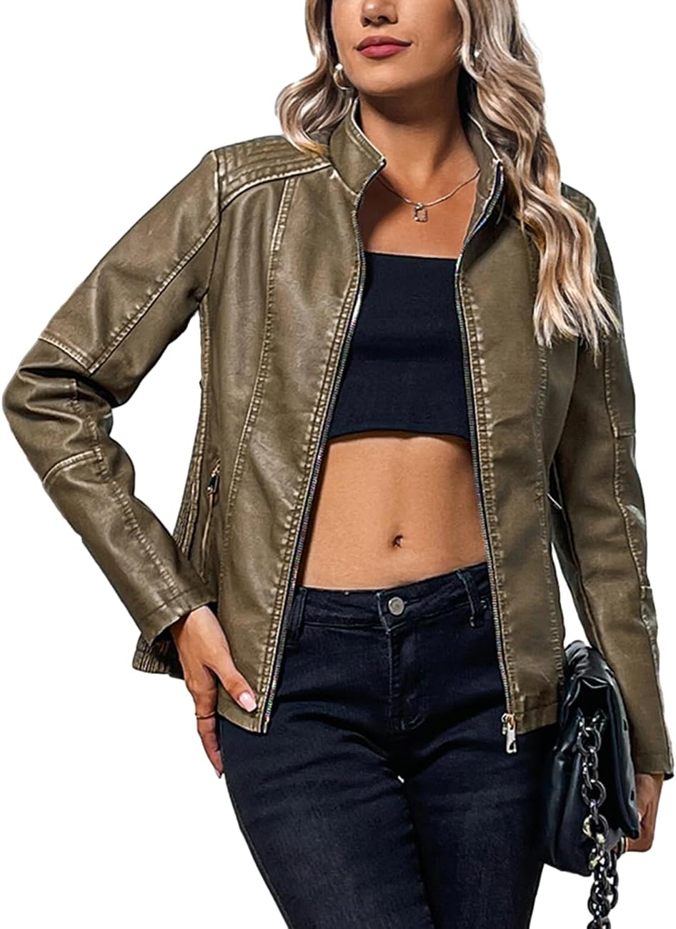 Bellivera Faux Leather Jacket Women Motorcycle Zipper Bomber PU Bike Coat with P...