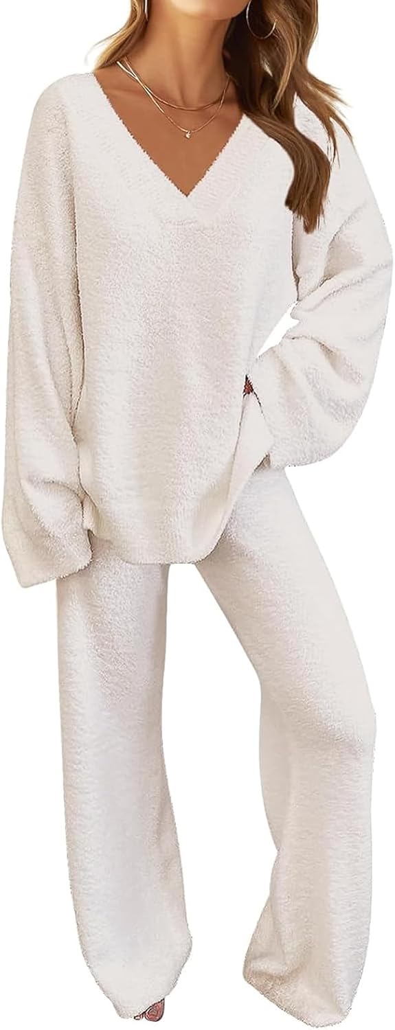 TECREW Women's Fuzzy Fleece Lounge Sets 2 Piece Outfits Long Sleeve Top Wide Leg...