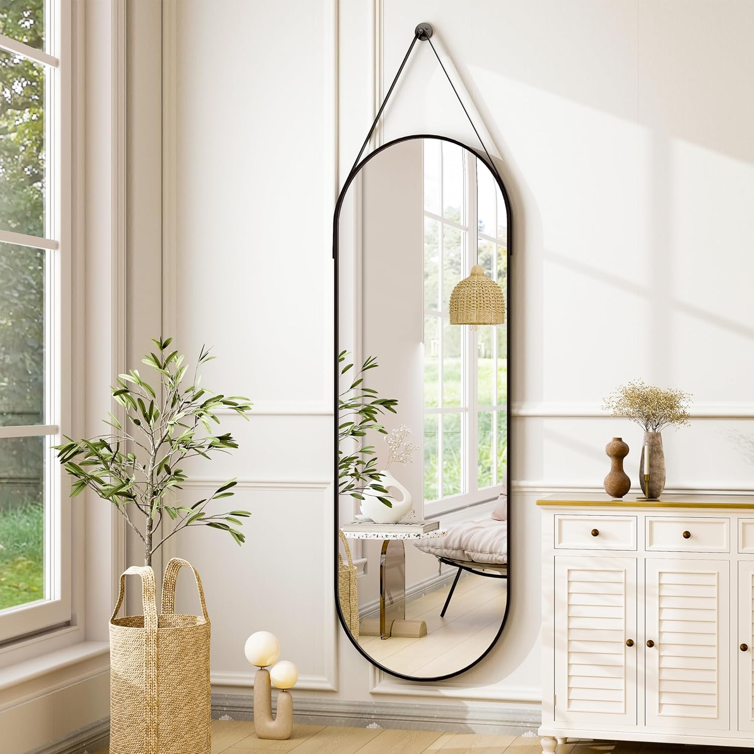 HARRITPURE 16"x48" Oval Hanging Mirror with Leather Strap Full Length Mirror Alu...
