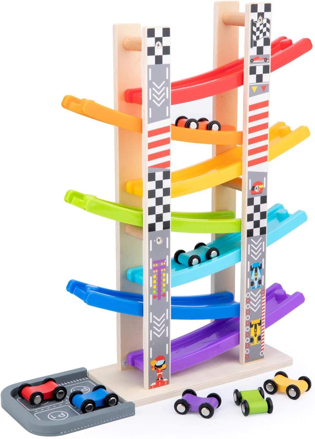 Wood City Toddler Toys for 1 2 3 Years Old, Wooden Car Ramp Racer Toy Vehicle Se...